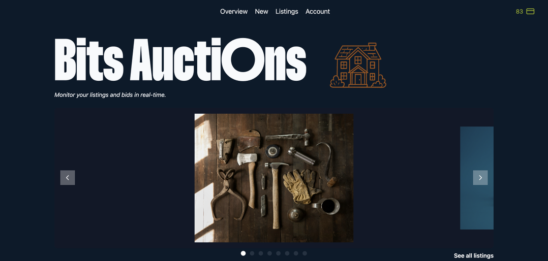 Bits Auctions landing page dark theme